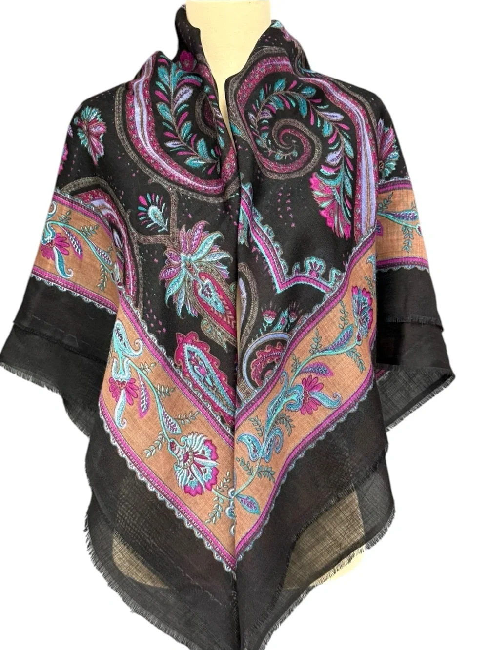Vintage Lord & Taylor Black Paisley Large Wool Shawl Scarf Black, Fuchsia & Teal